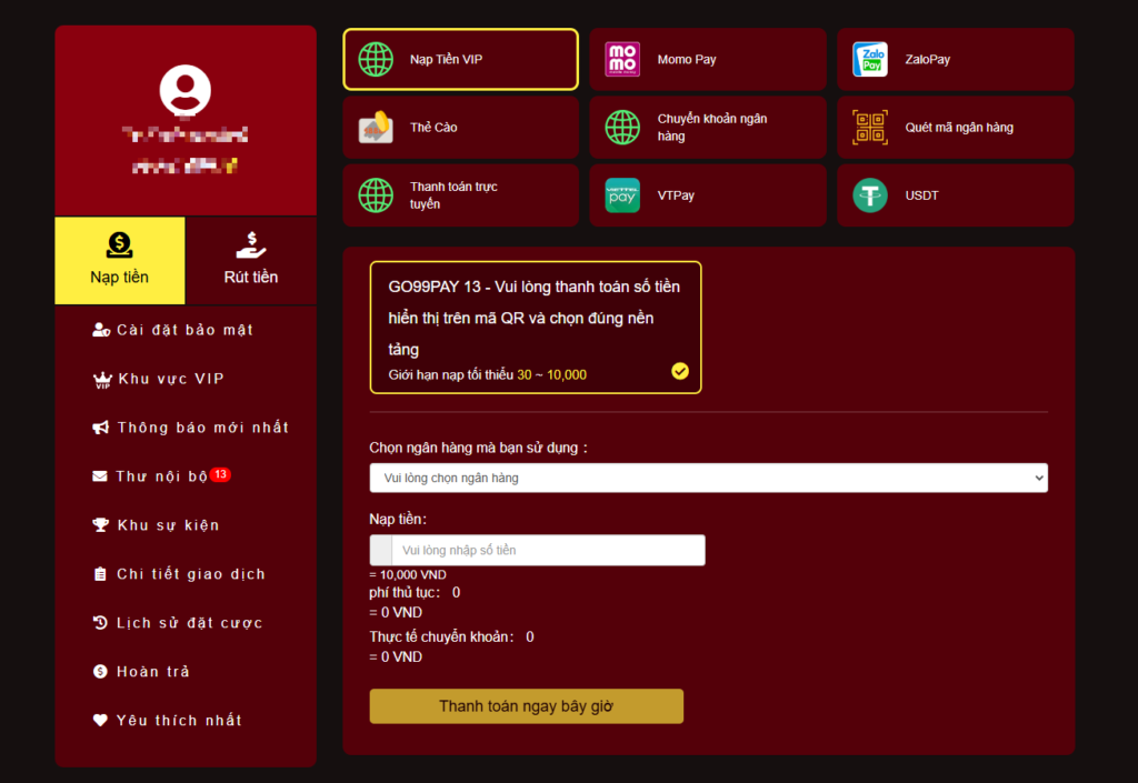 Go99 đa dạng các phương thức nạp tiền thông dụng hiện nay